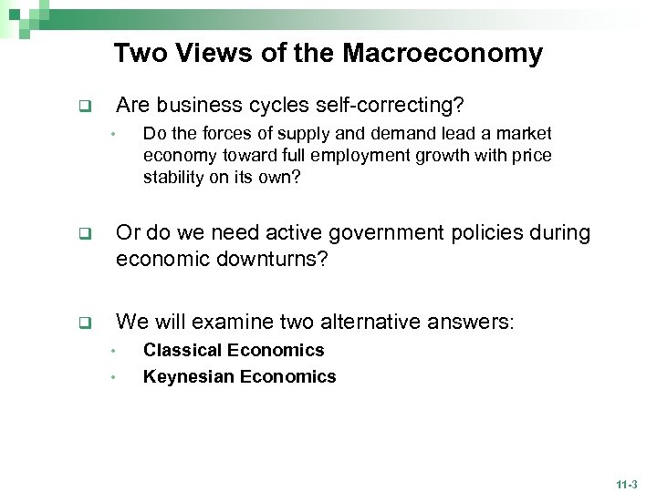 Two Views of the Macroeconomy Are business cycles self-correcting? q • Do the forces