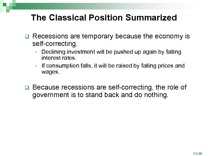 The Classical Position Summarized q Recessions are temporary because the economy is self-correcting. Declining