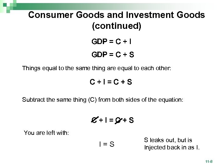 Consumer Goods and Investment Goods (continued) GDP = C + I GDP = C