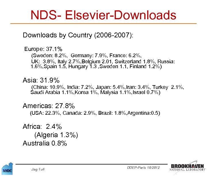 NDS- Elsevier-Downloads by Country (2006 -2007): Europe: 37. 1% (Sweden: 8. 2%, Germany: 7.