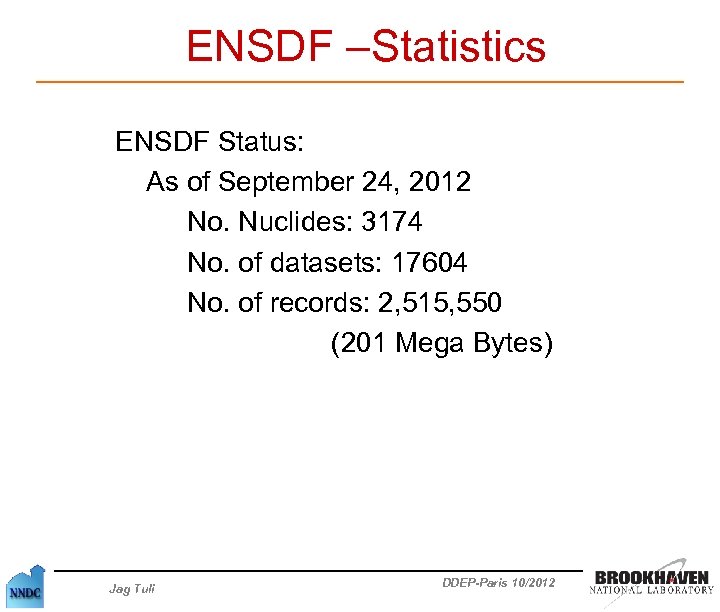ENSDF –Statistics ENSDF Status: As of September 24, 2012 No. Nuclides: 3174 No. of
