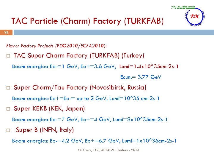 TAC Particle (Charm) Factory (TURKFAB) 25 Flavor Factory Projects (PDG 2010/ECFA 2010): TAC Super