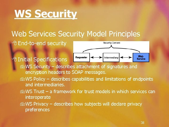 WS Security Web Services Security Model Principles 8 End-to-end security 8 Initial Specifications 7
