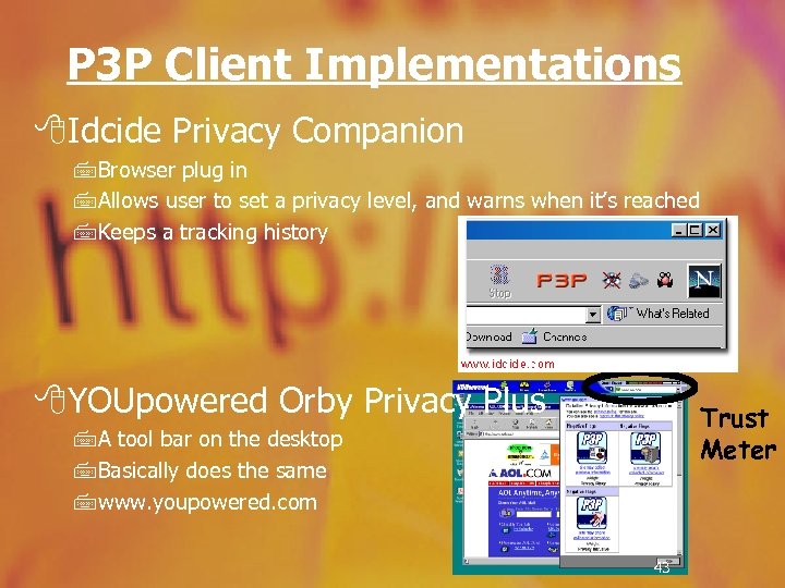 P 3 P Client Implementations 8 Idcide Privacy Companion 7 Browser plug in 7