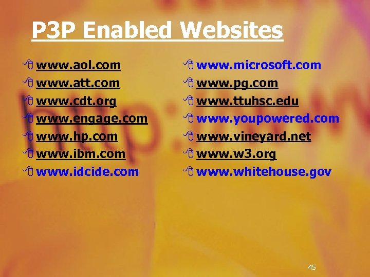 P 3 P Enabled Websites 8 www. aol. com 8 www. att. com 8