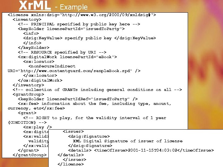 Xr. ML - Example <license xmlns: dsig='http: //www. w 3. org/2000/09/xmldsig#'> <inventory> <!-- PRINCIPAL