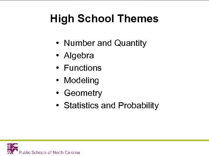 High School Themes • • • Number and Quantity Algebra Functions Modeling Geometry Statistics
