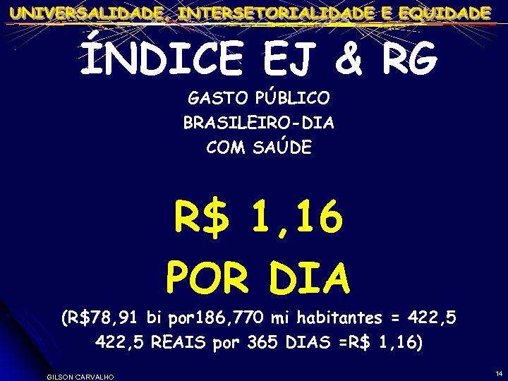 ÍNDICE EJ & RG GASTO PÚBLICO BRASILEIRO-DIA COM SAÚDE R$ 1, 16 POR DIA