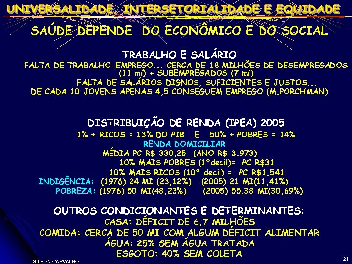 SAÚDE DEPENDE DO ECONÔMICO E DO SOCIAL TRABALHO E SALÁRIO FALTA DE TRABALHO-EMPREGO. .