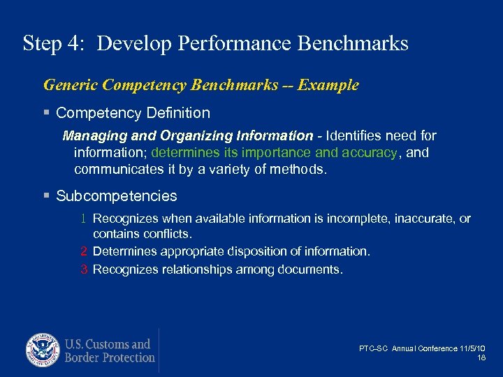 Step 4: Develop Performance Benchmarks Generic Competency Benchmarks -- Example § Competency Definition Managing