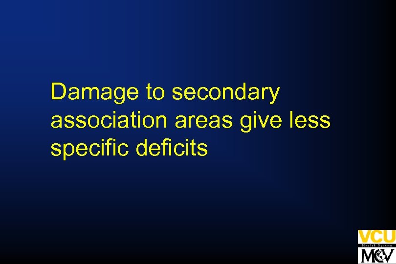 Damage to secondary association areas give less specific deficits 