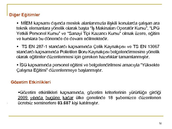 Diğer Eğitimler MİEM kapsamı dışında meslek alanlarımızla ilişkili konularda çalışan ara teknik elemanlara yönelik