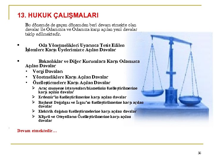13. HUKUK ÇALIŞMALARI Bu dönemde de geçen dönemden beri devam etmekte olan davalar ile