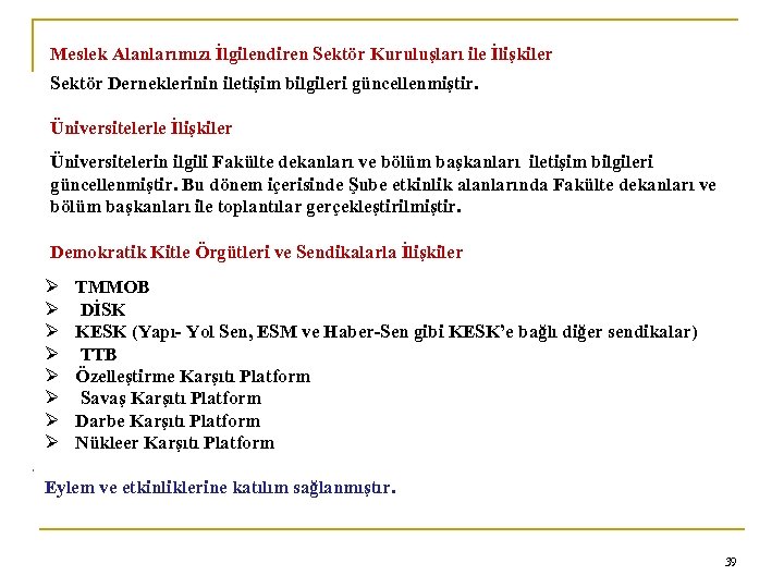 Meslek Alanlarımızı İlgilendiren Sektör Kuruluşları ile İlişkiler Sektör Derneklerinin iletişim bilgileri güncellenmiştir. Üniversitelerle İlişkiler