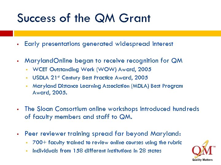 Success of the QM Grant § Early presentations generated widespread interest § Maryland. Online