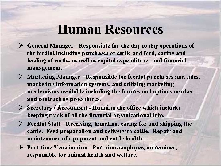 Human Resources Ø General Manager - Responsible for the day to day operations of