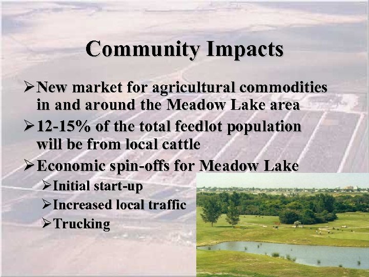 Community Impacts Ø New market for agricultural commodities in and around the Meadow Lake