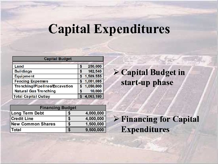 Capital Expenditures Ø Capital Budget in start-up phase Ø Financing for Capital Expenditures 