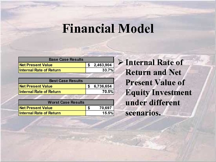 Financial Model Ø Internal Rate of Return and Net Present Value of Equity Investment