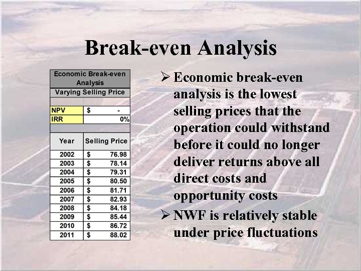 Break-even Analysis Ø Economic break-even analysis is the lowest selling prices that the operation