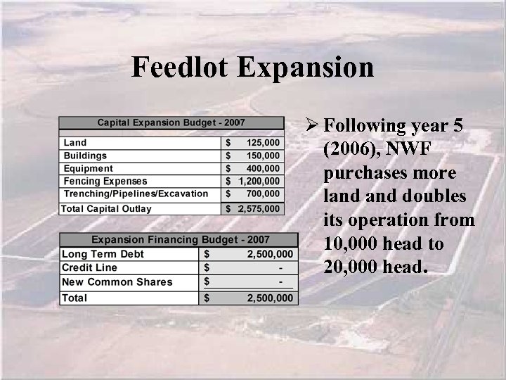 Feedlot Expansion Ø Following year 5 (2006), NWF purchases more land doubles its operation