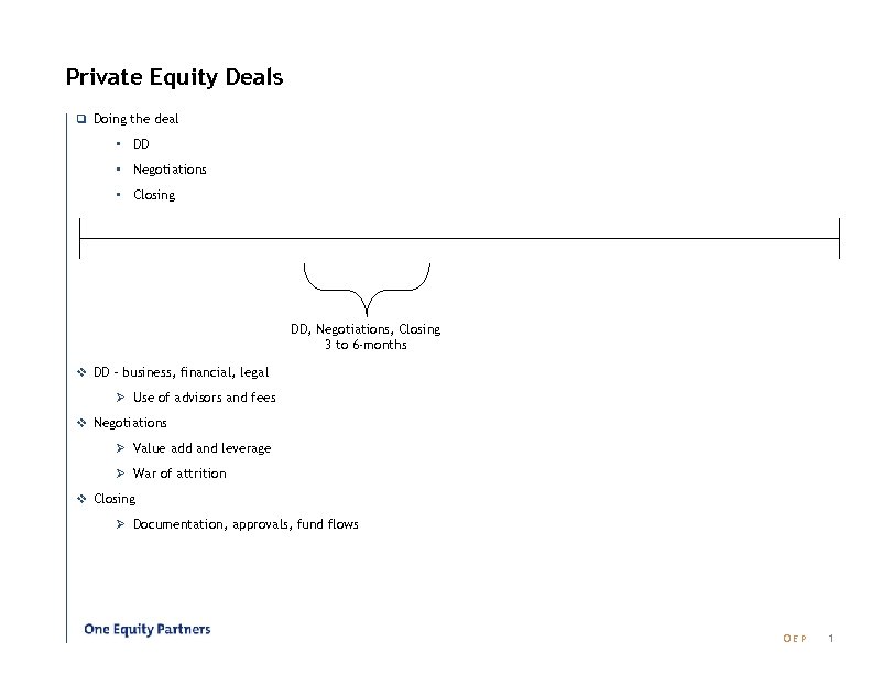 Private Equity Deals q Doing the deal § DD § Negotiations § Closing DD,