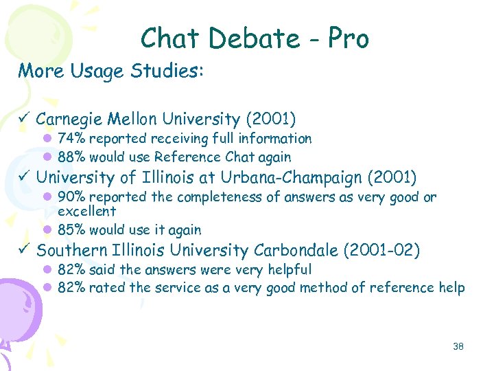 Chat Debate - Pro More Usage Studies: ü Carnegie Mellon University (2001) l 74%