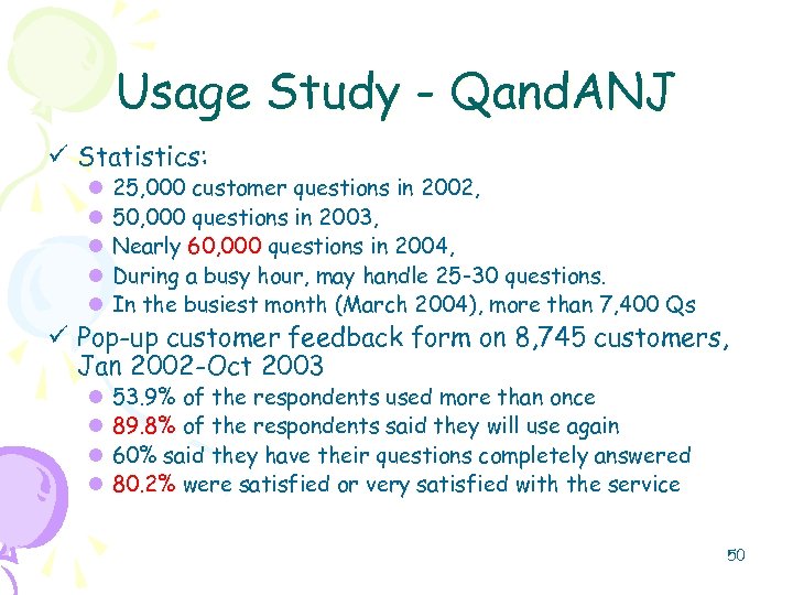 Usage Study - Qand. ANJ ü Statistics: l l l 25, 000 customer questions