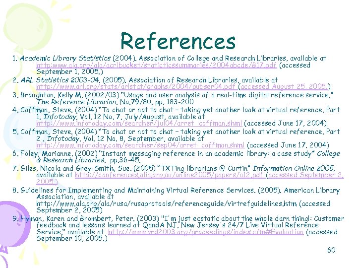 References 1. Academic Library Statistics (2004). Association of College and Research Libraries, available at