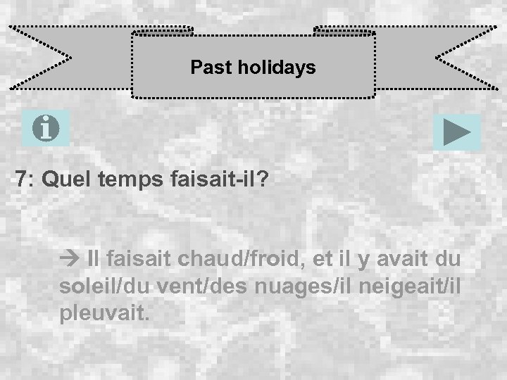 Past holidays 7: Quel temps faisait-il? Il faisait chaud/froid, et il y avait du
