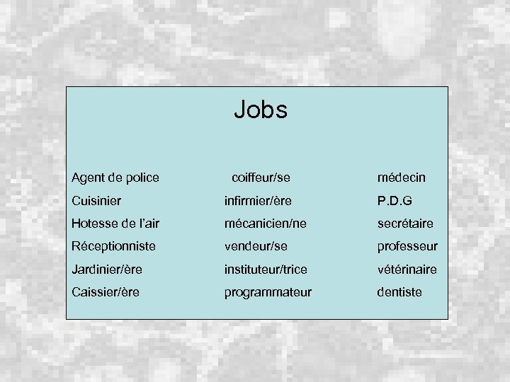 Jobs Agent de police coiffeur/se médecin Cuisinier infirmier/ère P. D. G Hotesse de l’air