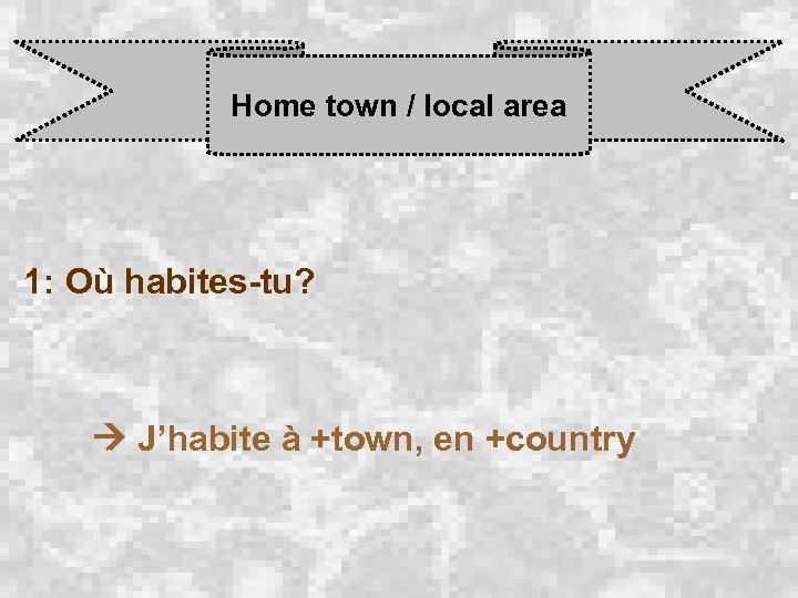 Home town / local area 1: Où habites-tu? J’habite à +town, en +country 