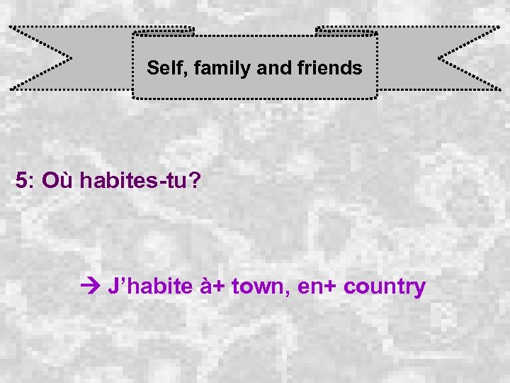 Self, family and friends 5: Où habites-tu? J’habite à+ town, en+ country 
