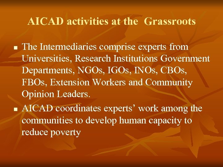 AICAD activities at the Grassroots n n The Intermediaries comprise experts from Universities, Research
