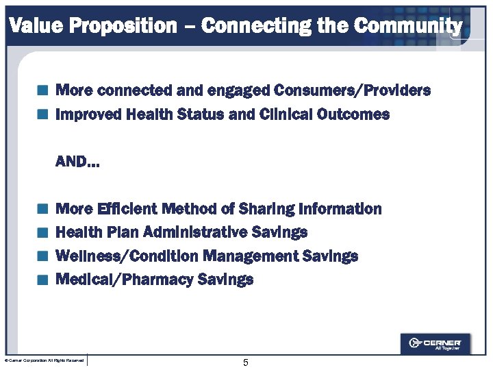 Value Proposition – Connecting the Community More connected and engaged Consumers/Providers Improved Health Status