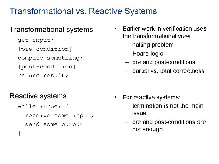 Transformational vs. Reactive Systems Transformational systems get input; {pre-condition} compute something; {post-condition} return result;