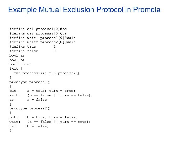 Example Mutual Exclusion Protocol in Promela #define cs 1 process 1[0]@cs #define cs 2
