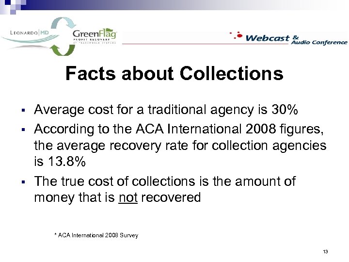 Facts about Collections § § § Average cost for a traditional agency is 30%