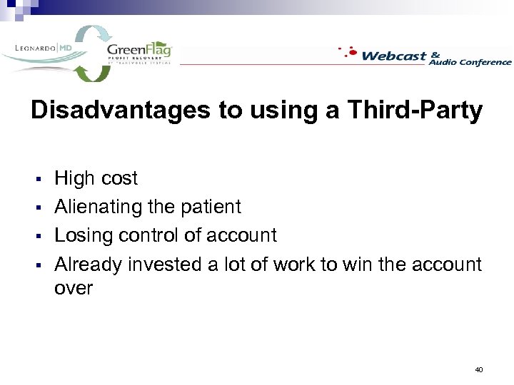 Disadvantages to using a Third-Party § § High cost Alienating the patient Losing control