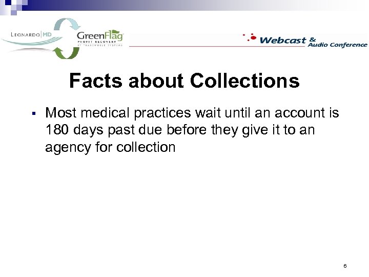 Facts about Collections § Most medical practices wait until an account is 180 days