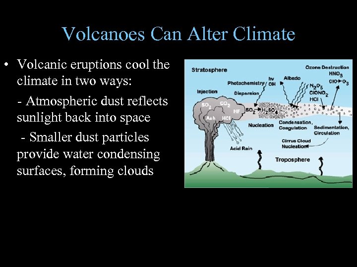 Volcanoes Can Alter Climate • Volcanic eruptions cool the climate in two ways: -