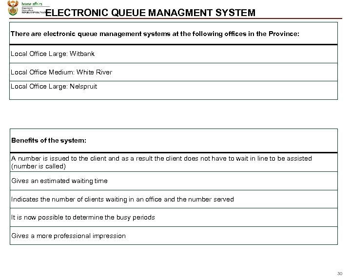 ELECTRONIC QUEUE MANAGMENT SYSTEM There are electronic queue management systems at the following offices