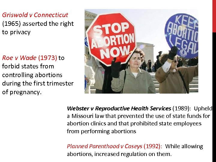 Griswold v Connecticut (1965) asserted the right to privacy Roe v Wade (1973) to