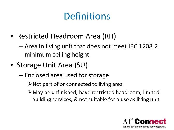 Definitions • Restricted Headroom Area (RH) – Area in living unit that does not