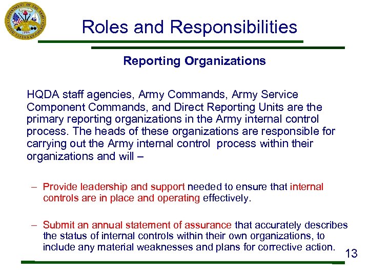 Roles and Responsibilities Reporting Organizations HQDA staff agencies, Army Commands, Army Service Component Commands,