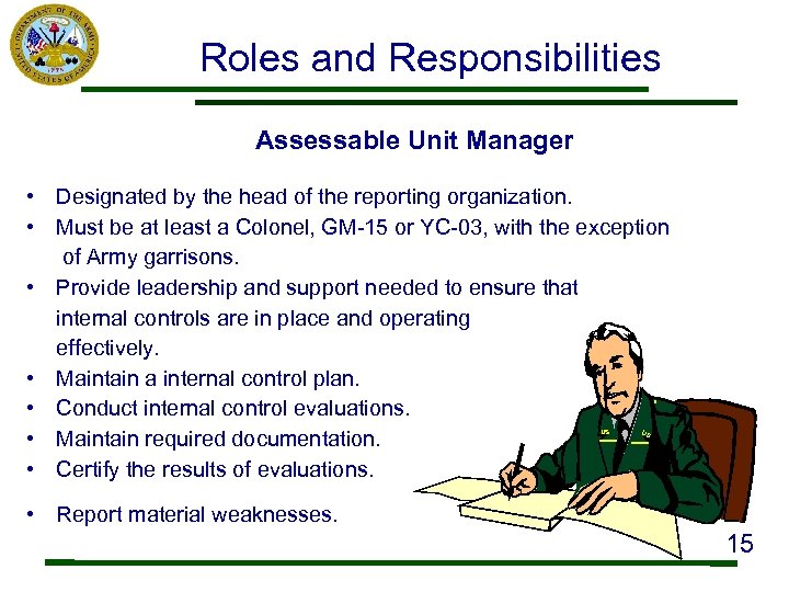 Roles and Responsibilities Assessable Unit Manager • Designated by the head of the reporting