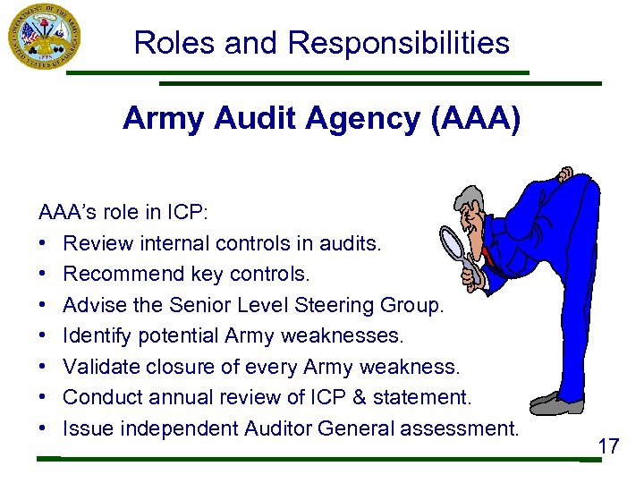 Roles and Responsibilities Army Audit Agency (AAA) AAA’s role in ICP: • Review internal