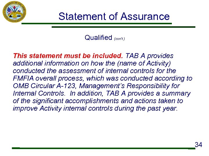 Statement of Assurance Qualified (con’t. ) This statement must be included. TAB A provides