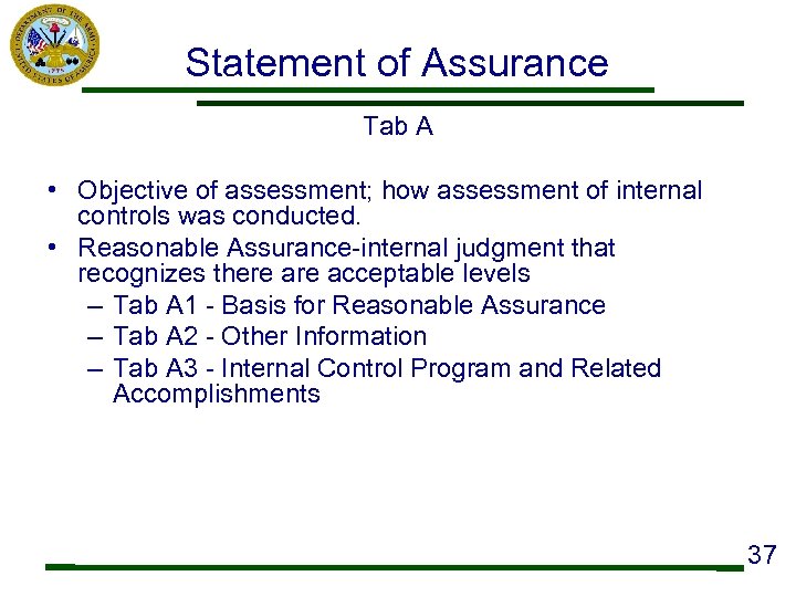 Statement of Assurance Tab A • Objective of assessment; how assessment of internal controls