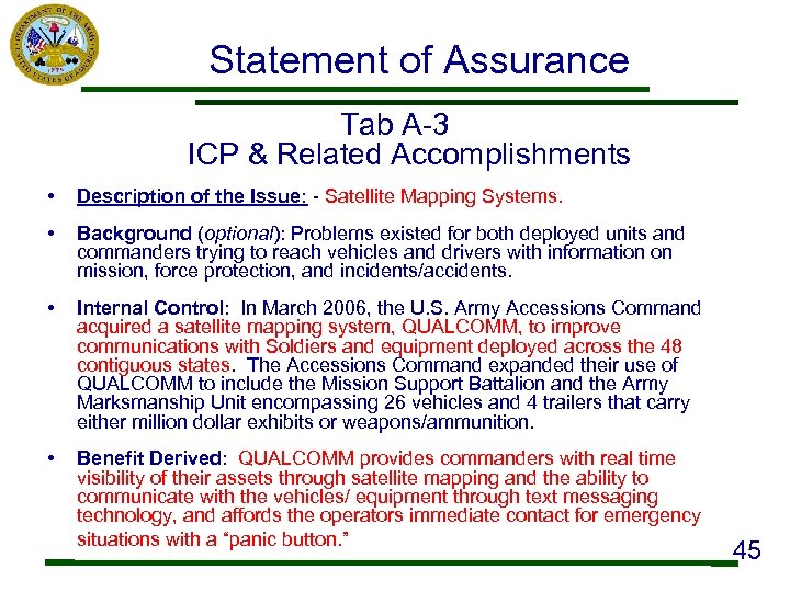 Statement of Assurance Tab A-3 ICP & Related Accomplishments • Description of the Issue: